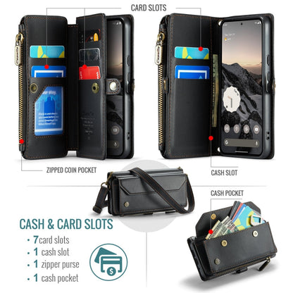 Pour Google Pixel 10 / 10 Pro / 9 Étui portefeuille à fermeture éclair avec fentes pour cartes CaseMe C36 en cuir antivol RFID (Noir)