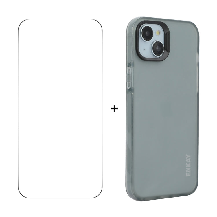 For iPhone 14 Plus ENKAY Hat-Prince Translucent Matte TPU Phone Case + 9H Big Arc Edge Film(Grey)