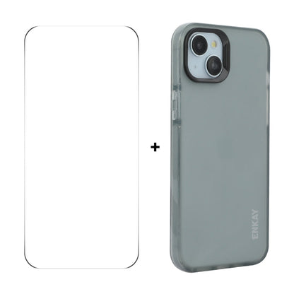 For iPhone 14 Plus ENKAY Hat-Prince Translucent Matte TPU Phone Case + 9H Big Arc Edge Film(Grey)