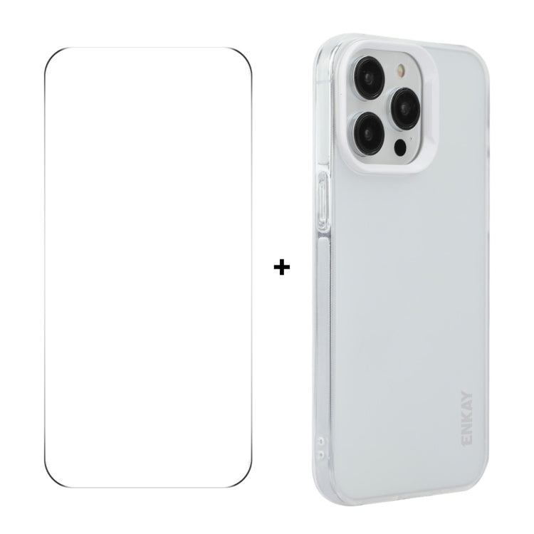 For iPhone 14 Pro ENKAY Hat-Prince Translucent Matte TPU Phone Case + 9H Big Arc Edge Film(White)