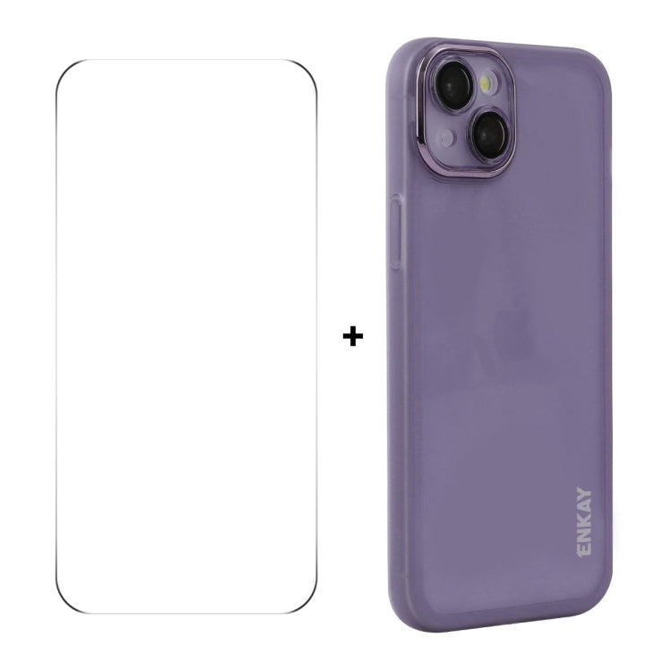 For iPhone 15 ENKAY Hat-Prince Translucent Matte TPU Phone Case with Lens Film + 9H Big Arc Edge Film(Purple)