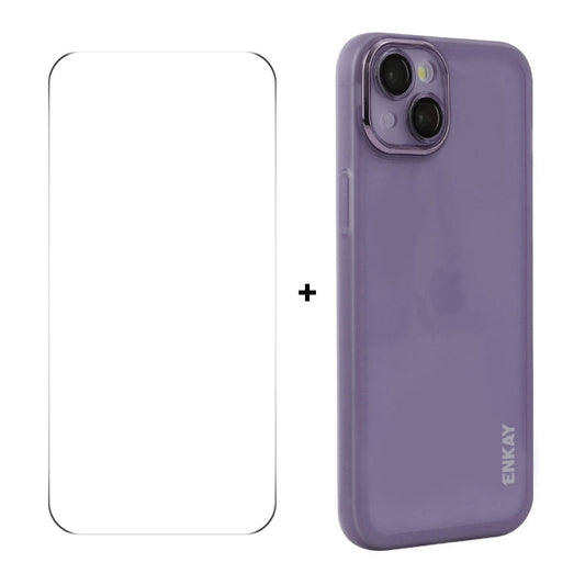 For iPhone 15 ENKAY Hat-Prince Translucent Matte TPU Phone Case with Lens Film + 9H Big Arc Edge Film(Purple)