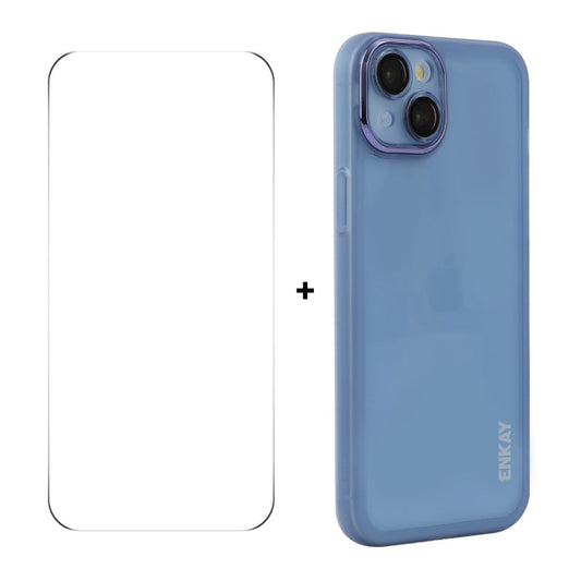 Pour iPhone 14 Plus Coque de téléphone en TPU mat translucide ENKAY Hat-Prince avec film d'objectif + film de protection 9H Big Arc Edge (blanc)