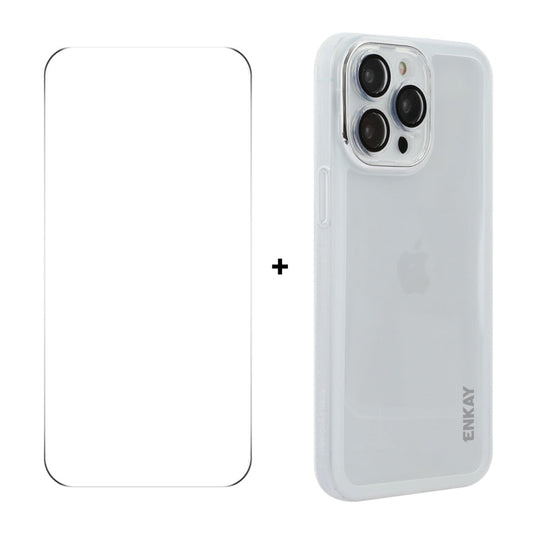 Pour iPhone 14 Pro Coque de téléphone en TPU mat translucide ENKAY Hat-Prince avec film d'objectif + film de protection 9H Big Arc Edge (blanc)