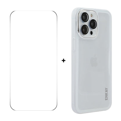 For iPhone 16 Pro Max ENKAY Hat-Prince Translucent Matte TPU Phone Case with Lens Film + 9H Big Arc Edge Film(White)