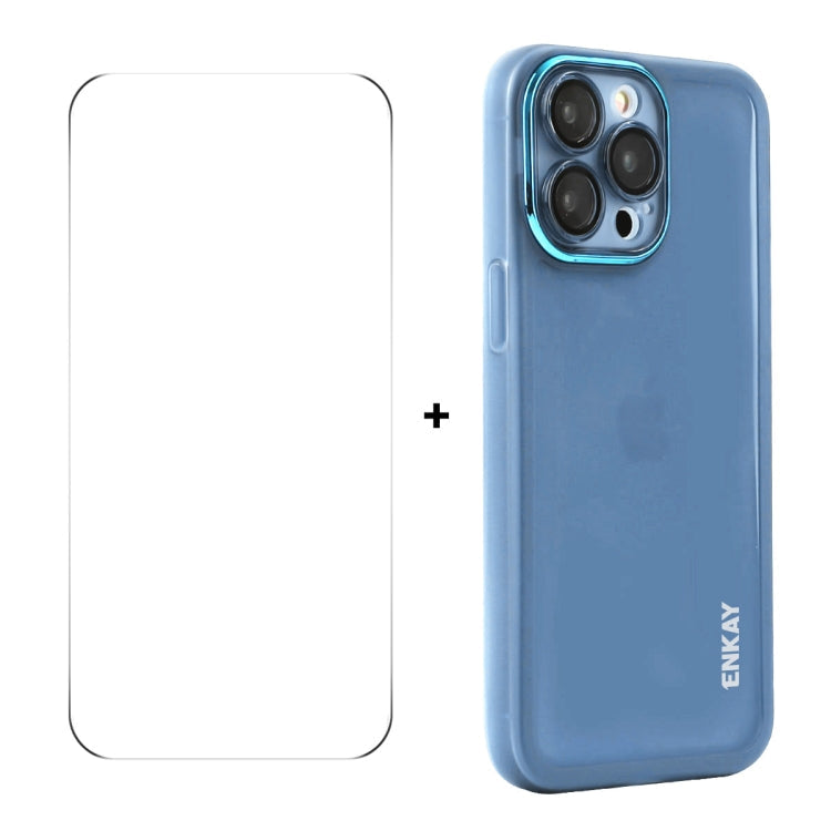For iPhone 16 Pro Max ENKAY Hat-Prince Translucent Matte TPU Phone Case with Lens Film + 9H Big Arc Edge Film(Blue)