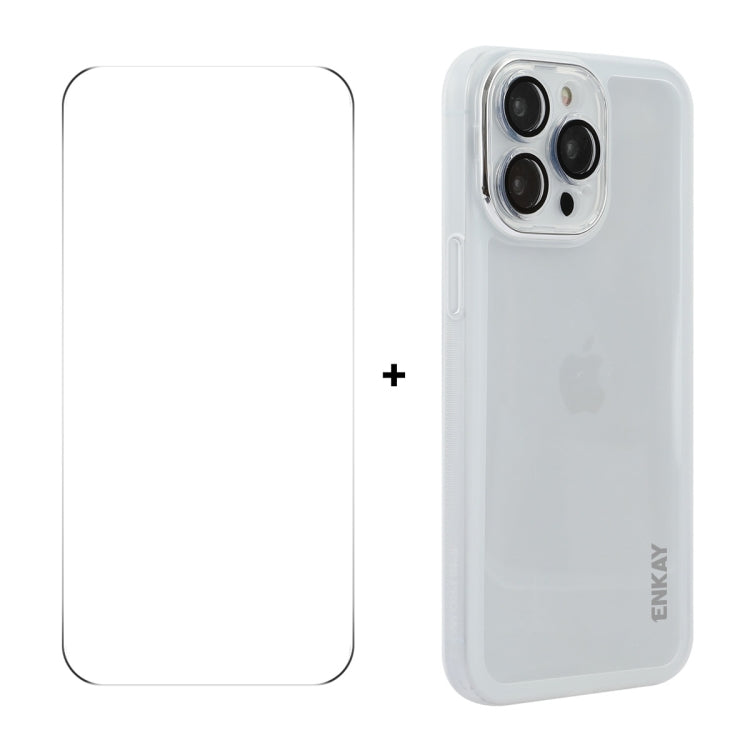 For iPhone 16 Pro ENKAY Hat-Prince Translucent Matte TPU Phone Case with Lens Film + 9H Big Arc Edge Film(White)