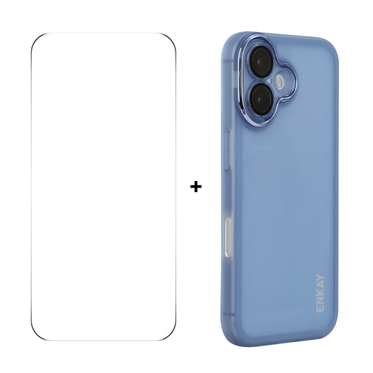 Pour iPhone 16 Plus ENKAY Hat-Prince Étui de téléphone en TPU mat translucide avec film de protection d'objectif + film de protection d'écran 9H à grand arc (bleu)