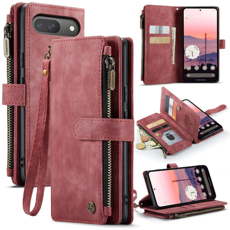 Pour Google Pixel 10 / 10 Pro / 9 Étui portefeuille en cuir CaseMe C30 à emplacements pour cartes et fermeture éclair (rouge bordeaux)