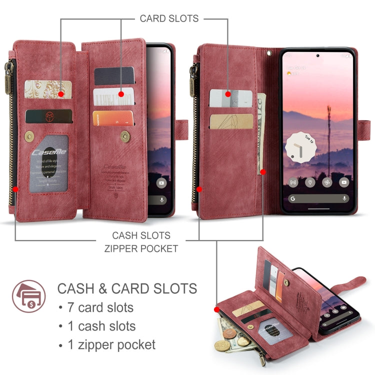 Pour Google Pixel 10 / 10 Pro / 9 Étui portefeuille en cuir CaseMe C30 à emplacements pour cartes et fermeture éclair (rouge bordeaux)