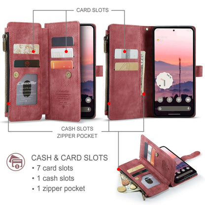 Pour Google Pixel 10 / 10 Pro / 9 Étui portefeuille en cuir CaseMe C30 à emplacements pour cartes et fermeture éclair (rouge bordeaux)