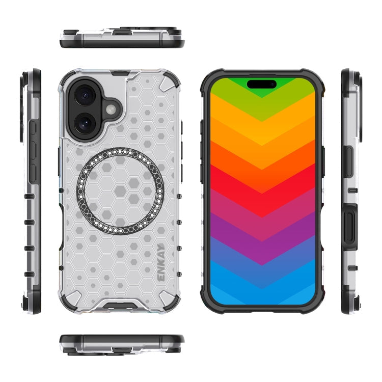 For iPhone 16 ENKAY Hat-Prince Honeycomb MagSafe Shockproof Phone Case with Large Arc Edge Film(White)