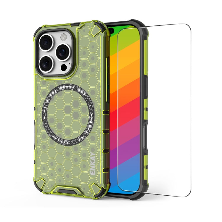 For iPhone 15 Pro ENKAY Hat-Prince Honeycomb MagSafe Shockproof Phone Case with Large Arc Edge Film(Green)