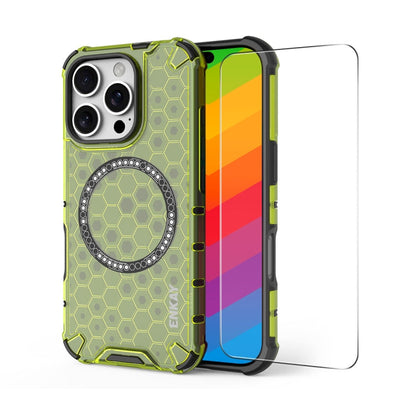 For iPhone 15 Pro ENKAY Hat-Prince Honeycomb MagSafe Shockproof Phone Case with Large Arc Edge Film(Green)