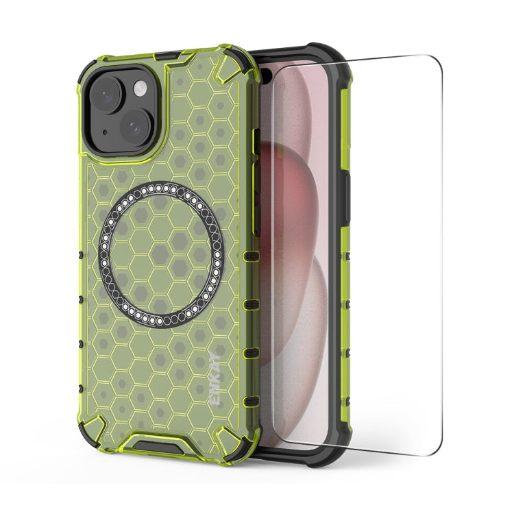 For iPhone 15 Plus ENKAY Hat-Prince Honeycomb MagSafe Shockproof Phone Case with Large Arc Edge Film(Green)