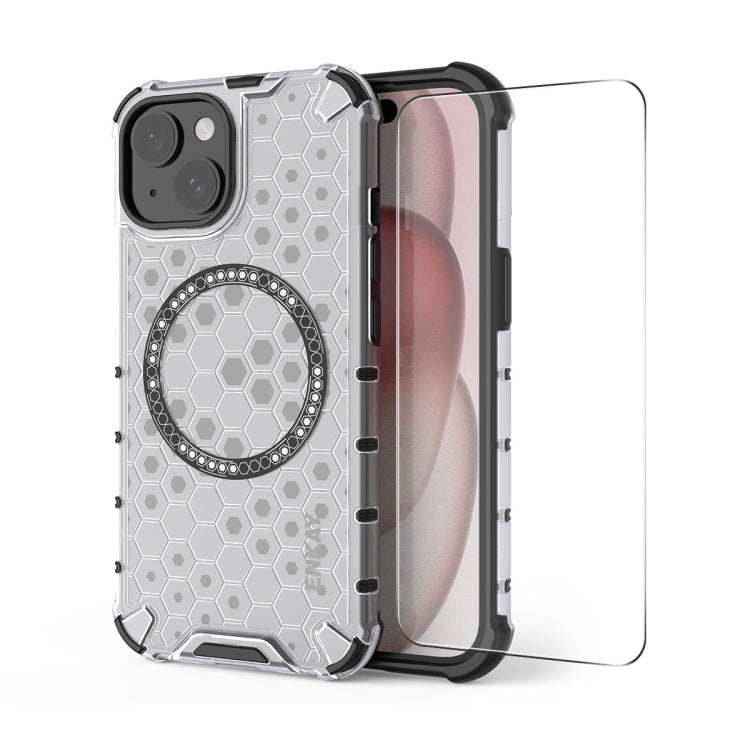 Pour iPhone 14 Plus Coque de téléphone antichoc MagSafe en nid d'abeille ENKAY Hat-Prince avec film à grand arc (blanc)