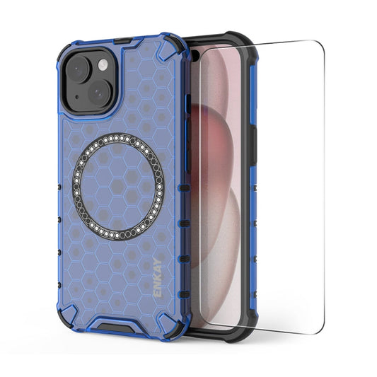 Pour iPhone 14 Plus Coque de téléphone antichoc ENKAY Hat-Prince Honeycomb MagSafe avec film à grand bord incurvé (Bleu)
