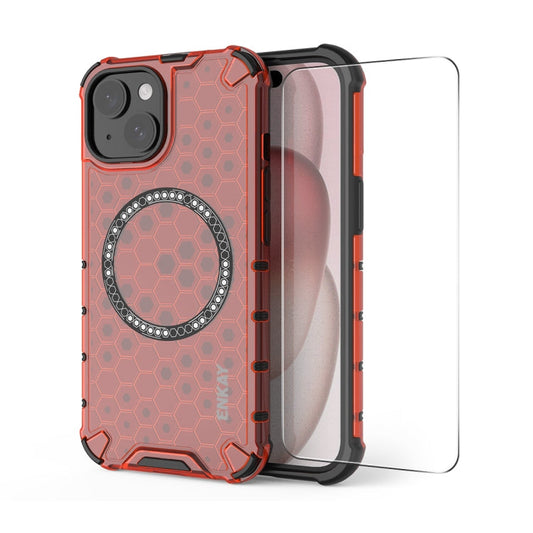 Pour iPhone 14 Étui de protection antichoc ENKAY Hat-Prince Honeycomb MagSafe avec film à grand bord incurvé (Rouge)