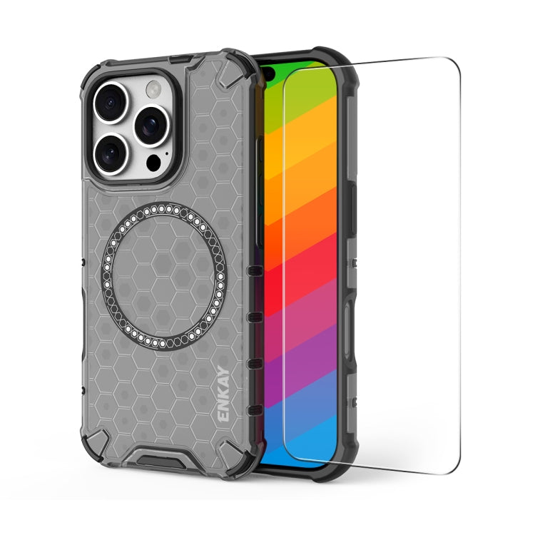 Pour iPhone 14 Pro Coque de téléphone antichoc MagSafe en nid d'abeille ENKAY Hat-Prince avec film à grand bord incurvé (gris)