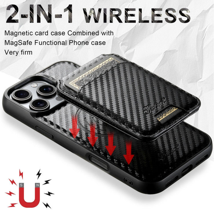 For iPhone 16 Pro Suteni TXWH18 Carbon Fiber Texture Detachable Wallet MagSafe Phone Case(Black)