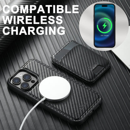 For iPhone 16 Pro Suteni TXWH18 Carbon Fiber Texture Detachable Wallet MagSafe Phone Case(Black)