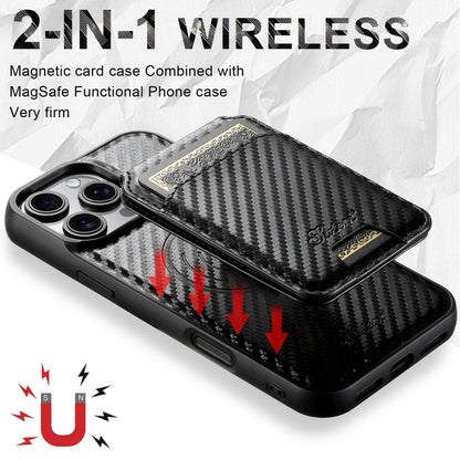 For iPhone 15 Pro Max Suteni TXWH18 Carbon Fiber Texture Detachable Wallet MagSafe Phone Case(Black)