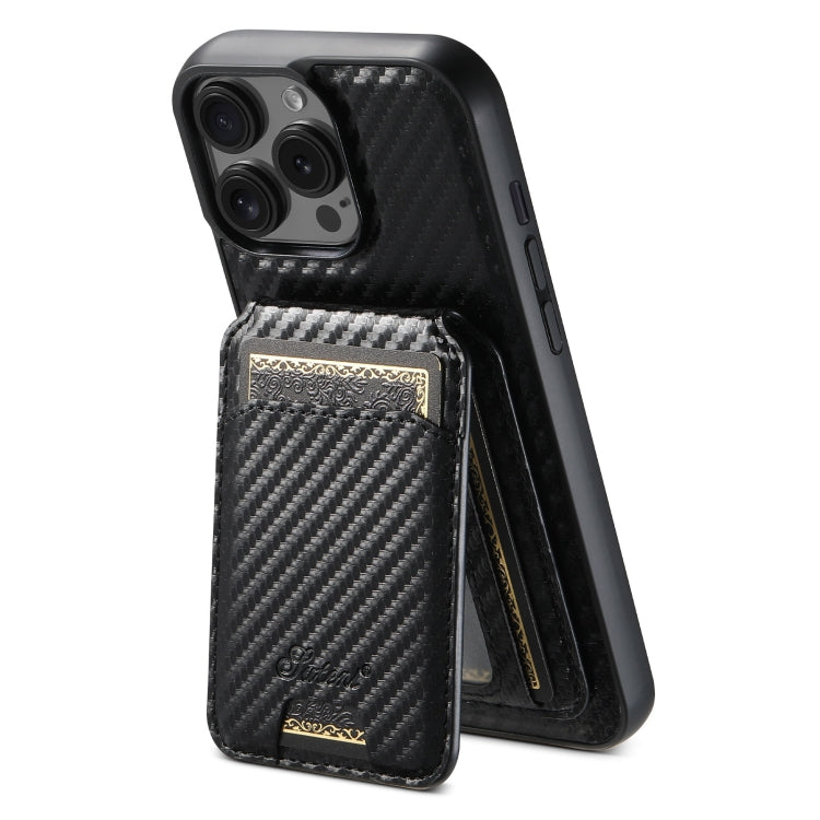 For iPhone 13 Pro Max Suteni TXWH18 Carbon Fiber Texture Detachable Wallet MagSafe Phone Case(Black)