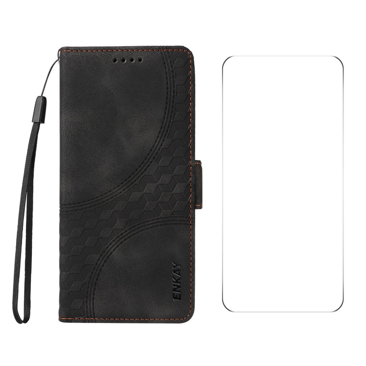For iPhone 16 ENKAY Embossed Rhombus Starry Leather Phone Case with Screen Film(Black)