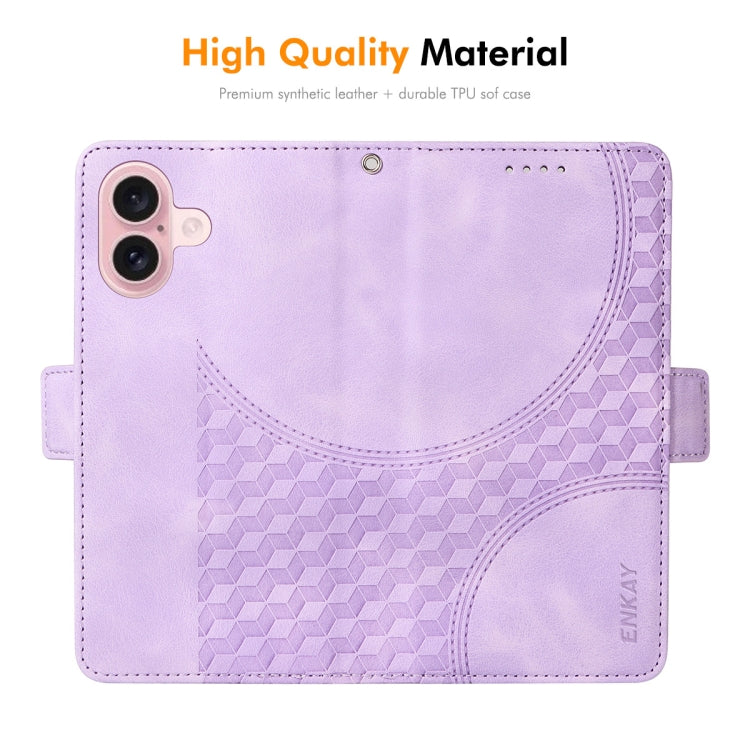 For iPhone 16 ENKAY Embossed Rhombus Starry Leather Phone Case with Screen Film(Black)