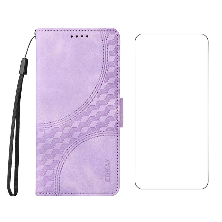 For iPhone 16 ENKAY Embossed Rhombus Starry Leather Phone Case with Screen Film(Purple)