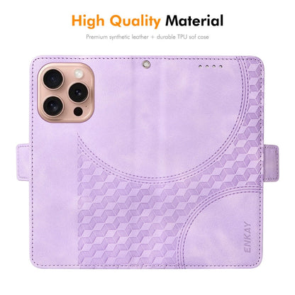 For iPhone 16 Pro ENKAY Embossed Rhombus Starry Leather Phone Case with Screen Film(Brown)