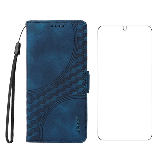 For Samsung Galaxy S25+ / S24+ 5G ENKAY Embossed Rhombus Starry Leather Phone Case with Screen Film(Blue)