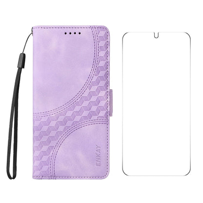 For Samsung Galaxy S25+ / S24+ 5G ENKAY Embossed Rhombus Starry Leather Phone Case with Screen Film(Purple)