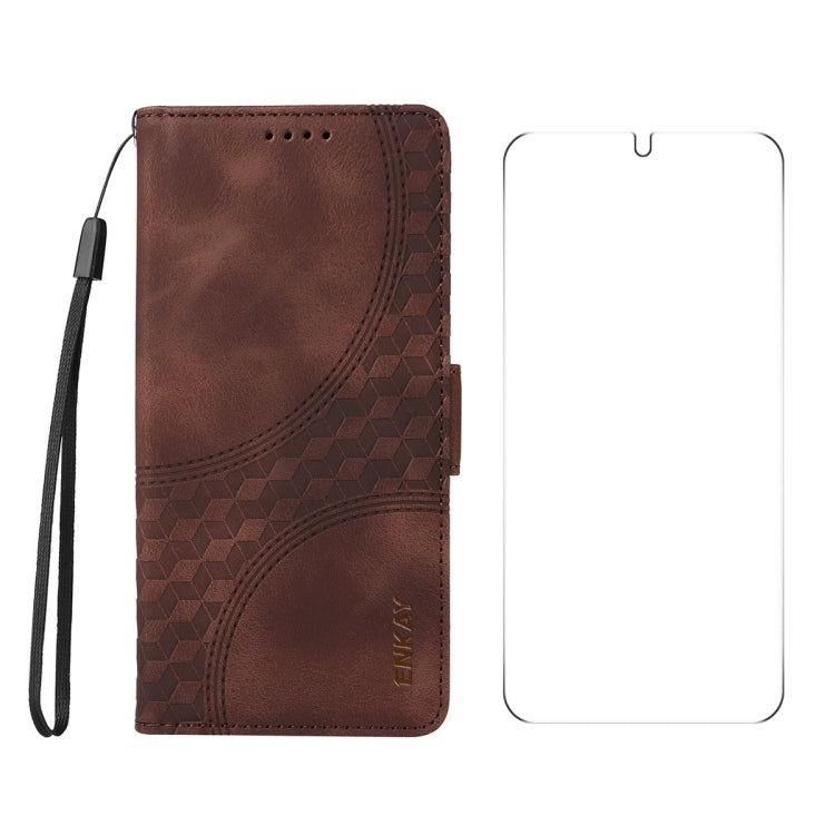 For Samsung Galaxy S25+ / S24+ 5G ENKAY Embossed Rhombus Starry Leather Phone Case with Screen Film(Brown)