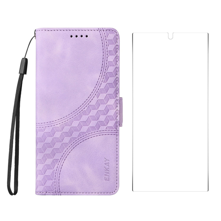 Pour Samsung Galaxy S25 Ultra 5G ENKAY Embossed Rhombus Starry Étui de téléphone en cuir avec film de protection d'écran (Violet)