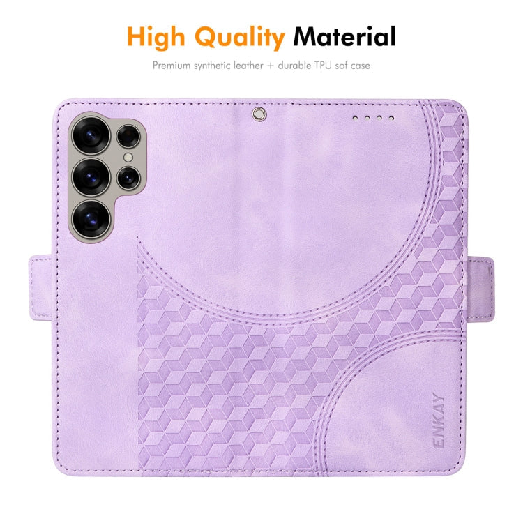 Pour Samsung Galaxy S25 Ultra 5G ENKAY Embossed Rhombus Starry Étui de téléphone en cuir avec film de protection d'écran (Violet)
