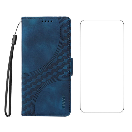 For Samsung Galaxy A36 ENKAY Embossed Rhombus Starry Leather Phone Case with Screen Film(Blue)