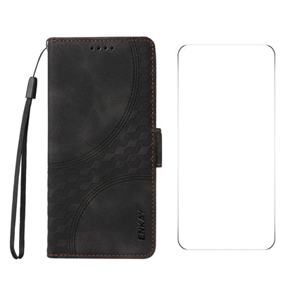 Pour OnePlus Nord 4 ENKAY Étui de Téléphone en Cuir Gaufré Rhombus Étoilé avec Film Protecteur (Noir)