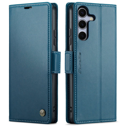 Pour Samsung Galaxy S25 5G Étui de téléphone en cuir anti-vol RFID texturé litchi avec boucle papillon CaseMe 023 (Bleu)