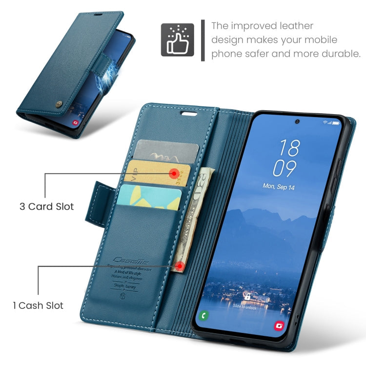 Pour Samsung Galaxy S25 5G Étui de téléphone en cuir anti-vol RFID texturé litchi avec boucle papillon CaseMe 023 (Bleu)