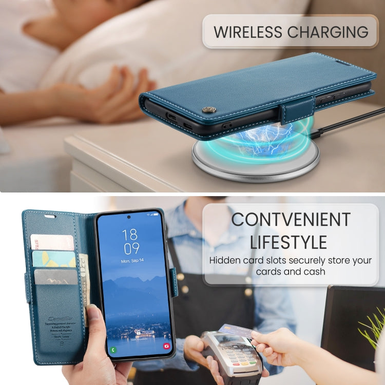 Pour Samsung Galaxy S25 5G Étui de téléphone en cuir anti-vol RFID texturé litchi avec boucle papillon CaseMe 023 (Bleu)
