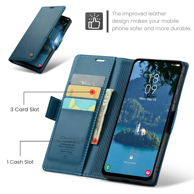 Pour Samsung Galaxy A36 Étui en cuir avec texture litchi, boucle papillon, anti-vol RFID CaseMe 023 (bleu)