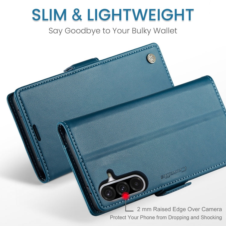Pour Samsung Galaxy A36 Étui en cuir avec texture litchi, boucle papillon, anti-vol RFID CaseMe 023 (bleu)