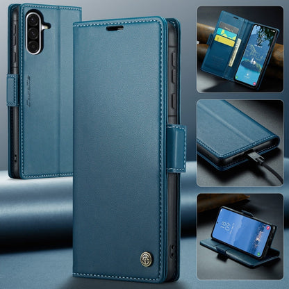 Pour Samsung Galaxy A36 Étui en cuir avec texture litchi, boucle papillon, anti-vol RFID CaseMe 023 (bleu)