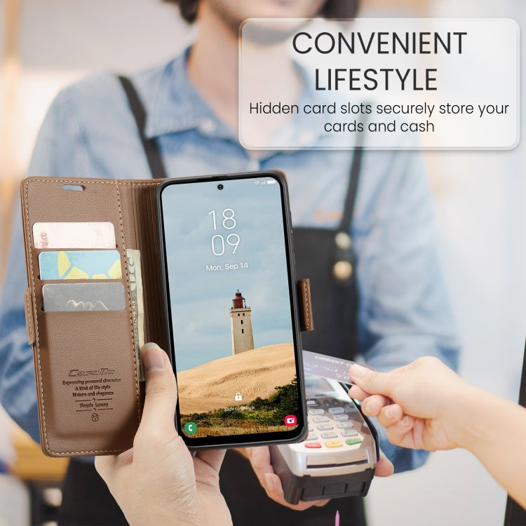 For Galaxy A56 5G CaseMe 023 Butterfly Buckle Litchi Texture RFID Anti-theft Leather Phone Case(Brown)