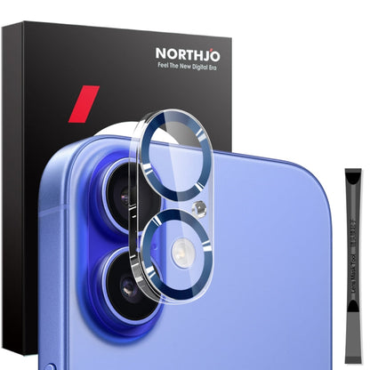 Pour iPhone 16 / 16 Plus Protecteur d'objectif d'appareil photo NORTHJO avec stries CD Film en verre trempé 3D (Bleu)