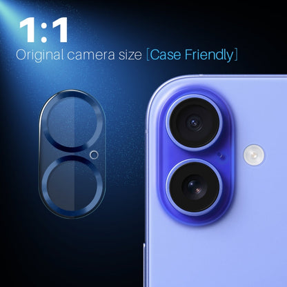 Pour iPhone 16 / 16 Plus Protecteur d'objectif d'appareil photo NORTHJO avec stries CD Film en verre trempé 3D (Bleu)