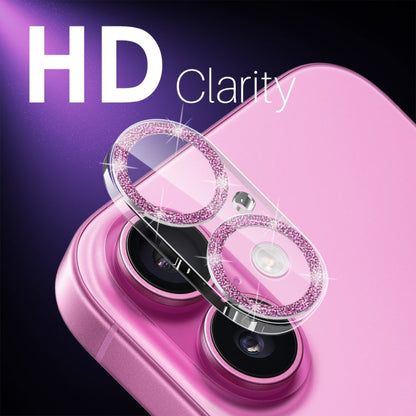 For iPhone 16 / 16 Plus NORTHJO Camera Lens Protector Glitter Ring 3D Tempered Glass Film(Pink)