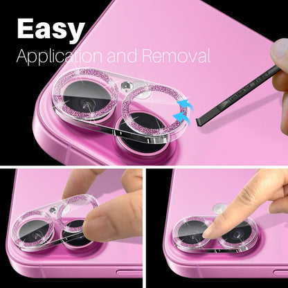 For iPhone 16 / 16 Plus NORTHJO Camera Lens Protector Glitter Ring 3D Tempered Glass Film(Pink)