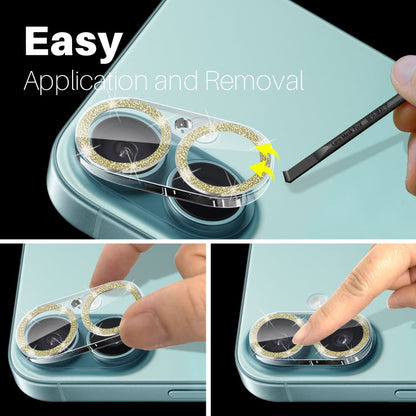 For iPhone 16 / 16 Plus NORTHJO Camera Lens Protector Glitter Ring 3D Tempered Glass Film(Gold)